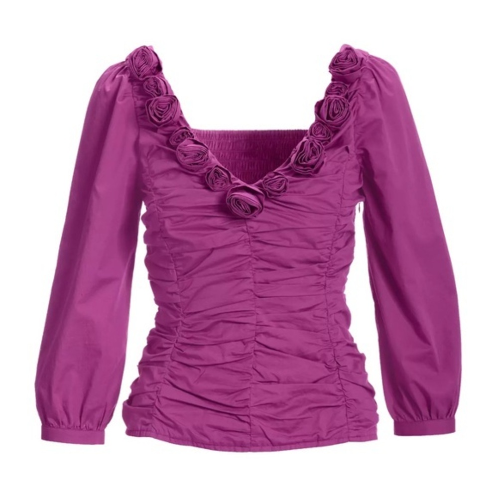 • Boston Proper • Rosette Ruched Poplin Blouse • - Picture 3 of 9
